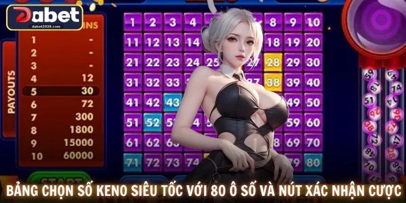 Bảng chọn số Keno siêu tốc với 80 ô số và nút xác nhận cược