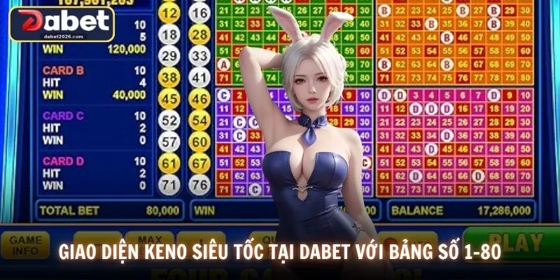 Giao diện Keno siêu tốc tại DABET với bảng số 1–80